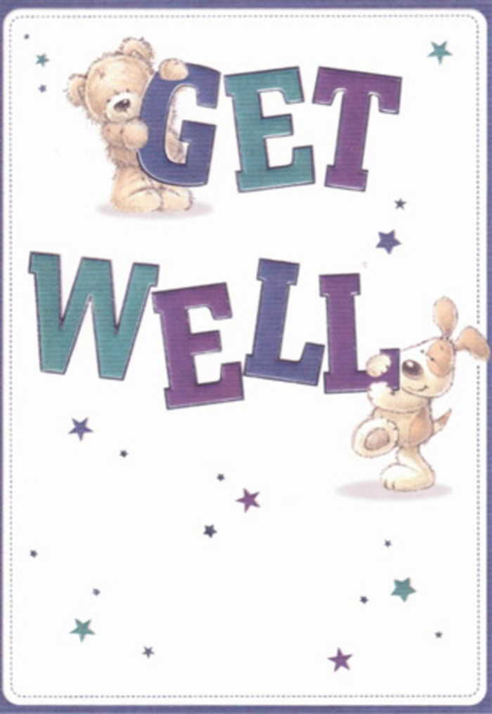 This get well card expresses gentle encouragement and pure, heartfelt sincerity, rooted in the kind of thoughtful gestures that bring friends and family in Enfield closer together. A friendly bear, rendered with fluffy textures and soft contours, leans affectionately towards an eager puppy, both characters alive with playful energy. They frame voluminous, hand-lettered words in gradients of purple and aqua, letters that exude vivacity and reassurance on a soft, creamy ground. Around them, a constellation of twinkling stars spirals through the air, echoing the flurry of good wishes exchanged across Enfield's neighbourhoods, much like flowers sent from Willow Road to Baker Street. The light, airy composition channels the mood of freshly delivered local bouquets-bright, hopeful, and deeply personal. Tactile details seem almost tangible: the plush embrace of the teddy's fur, the velveteen ears of the dog, the glossy, celebratory letters. Picture this cheerful card nestled among fragrant blooms, the combined gift radiating positivity and thoughtful care from our Enfield community. It's perfect for lifting a loved one's spirits-child or adult-and a gentle reminder that compassion, like a bouquet crafted by experienced hands, can transform even the hardest day with softness and light.