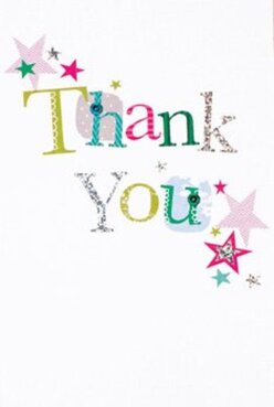 Delight radiates from this thank you card, echoing the cheerfulness found in Enfield's bustling markets and vibrant parks. The front features 'Thank You' in stitched-style lettering, each character a unique tapestry of energetic color-lime green, bold fuchsia, sky blue-accented with glints of silver and dappled textures that suggest both festivity and personal thoughtfulness. Around the message, magenta, teal, and gold stars scatter like celebratory confetti, reminiscent of family gatherings at Town Park after a summer fete. The tactile impression is immediate: raised glitter catching the light, soft paper inviting your touch, as if the card itself offers a gentle embrace. The pristine white background, unmarked and spacious, becomes a canvas on which these colors and shapes truly sing, not unlike the way a clear vase allows each flower's hue to stand out. This card, paired with a fresh bouquet delivered through Enfield's winding lanes-from Lavender Hill to Southgate-is pure reassurance made visual, a reflection of heartfelt thanks made tangible. As a florist rooted in local traditions and relationships, I see in this card the same thoughtful creativity and joy that fill so many homes throughout Enfield. It's the ideal finishing piece for any gesture of gratitude-a smile set in paper, ready to accompany the vibrant blooms that carry our thanks to those who matter most.